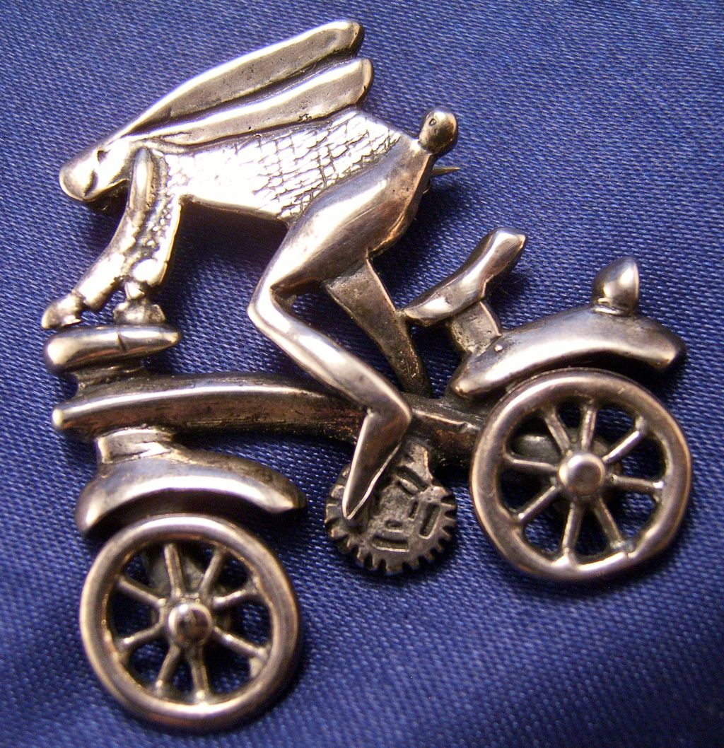 Whimsical Sterling Bunny on a Bike Pin Whimsical Sterling Bunny on a Bike Pin