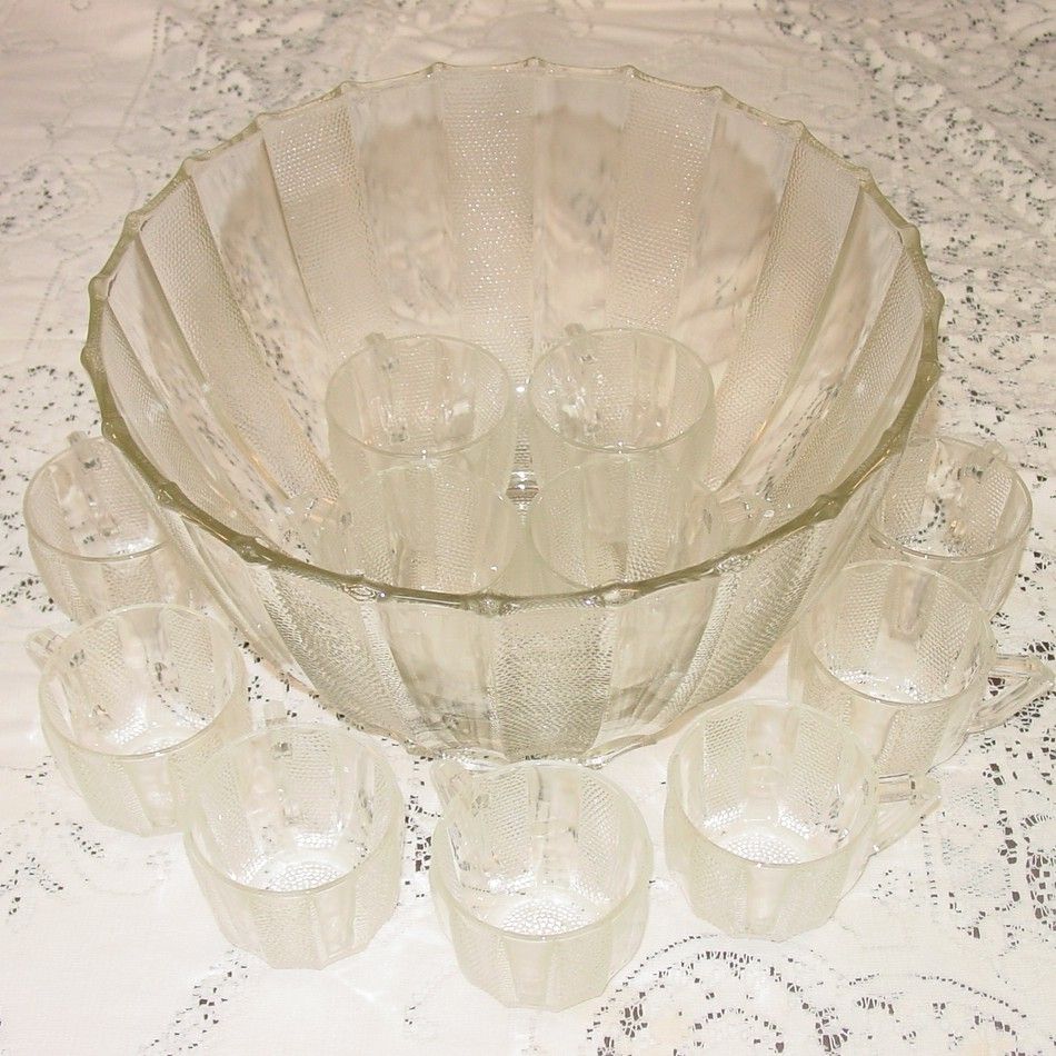 Jeannette Glass ~ Dewdrop Pattern ~ Punch Bowl, Stand & Cups Jeannette Glass ~ Dewdrop Pattern ~ Punch Bowl, Stand & Cups