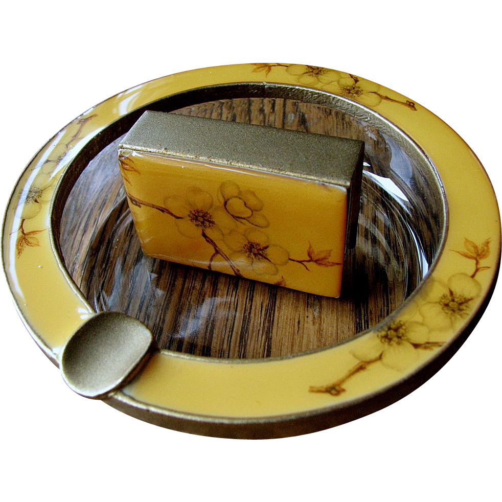 Vintage enameled Ashtray match smoking set, tobacciana, Buckler's 5th