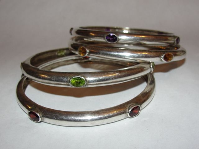 4 Piece Sterling Silver and Gemstone Bangle Set 4 Piece Sterling Silver and Gemstone Bangle Set
