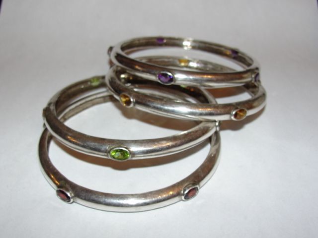 4 Piece Sterling Silver and Gemstone Bangle Set 4 Piece Sterling Silver and Gemstone Bangle Set