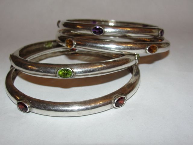 4 Piece Sterling Silver and Gemstone Bangle Set 4 Piece Sterling Silver and Gemstone Bangle Set