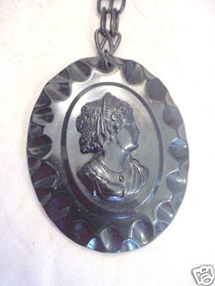 Victorian Early Century Mourning Celluloid Cameo Necklace Victorian Early Century Mourning Celluloid Cameo Necklace