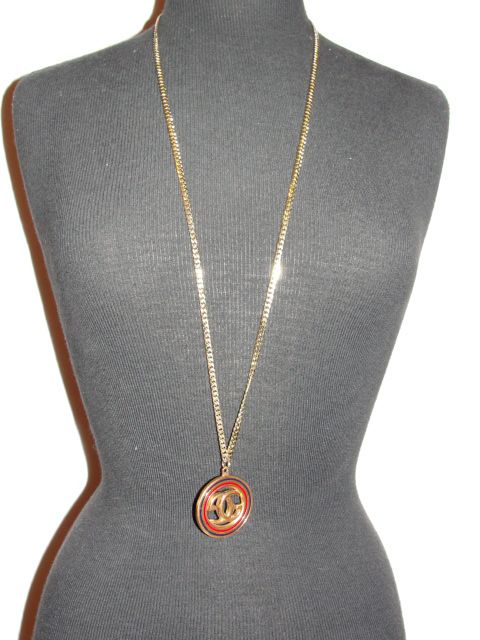 18 kt Gold Plated Gucci Monogram Navy and Red Pendant and Necklace 18 kt Gold Plated Gucci Monogram Navy and Red Pendant and Necklace