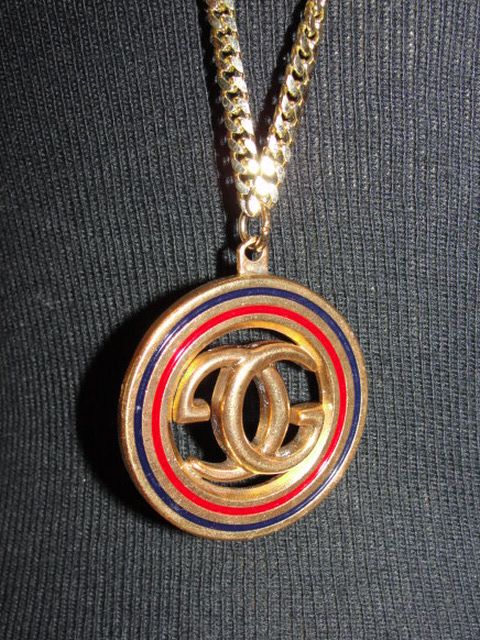 18 kt Gold Plated Gucci Monogram Navy and Red Pendant and Necklace 18 kt Gold Plated Gucci Monogram Navy and Red Pendant and Necklace