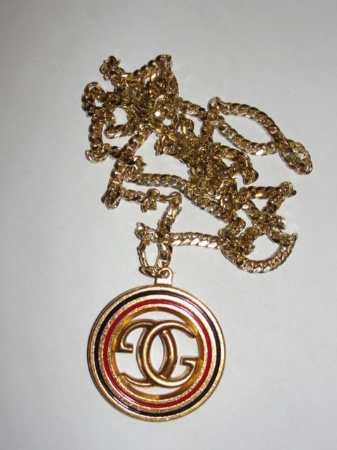 18 kt Gold Plated Gucci Monogram Navy and Red Pendant and Necklace 18 kt Gold Plated Gucci Monogram Navy and Red Pendant and Necklace