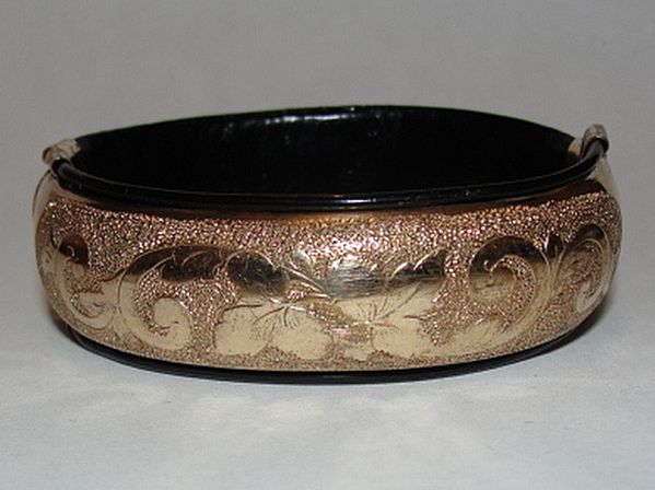 Victorian 14 kt Rolled Gold and Gutta Percha Bangle Bracelet Etched with Leaves and Vines Victorian 14 kt Rolled Gold and Gutta Percha Bangle Bracelet Etched with Leaves and Vines