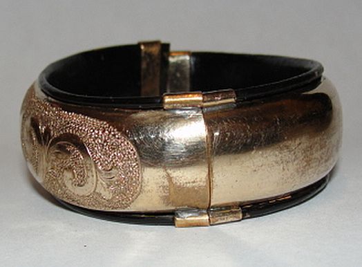 Victorian 14 kt Rolled Gold and Gutta Percha Bangle Bracelet Etched with Leaves and Vines Victorian 14 kt Rolled Gold and Gutta Percha Bangle Bracelet Etched with Leaves and Vines
