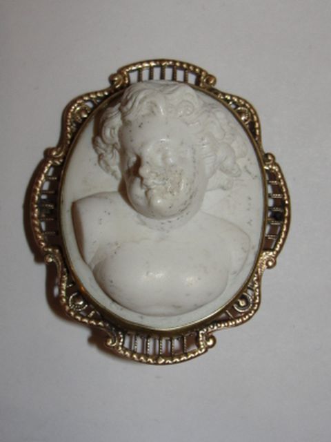 Victorian 14 kt Gold Filled Filigree White Lava Cherub Relief Profile Brooch Victorian 14 kt Gold Filled Filigree White Lava Cherub Relief Profile Brooch