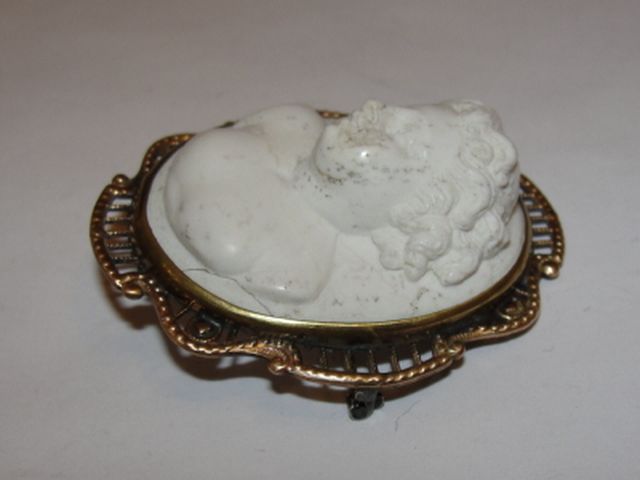 Victorian 14 kt Gold Filled Filigree White Lava Cherub Relief Profile Brooch Victorian 14 kt Gold Filled Filigree White Lava Cherub Relief Profile Brooch