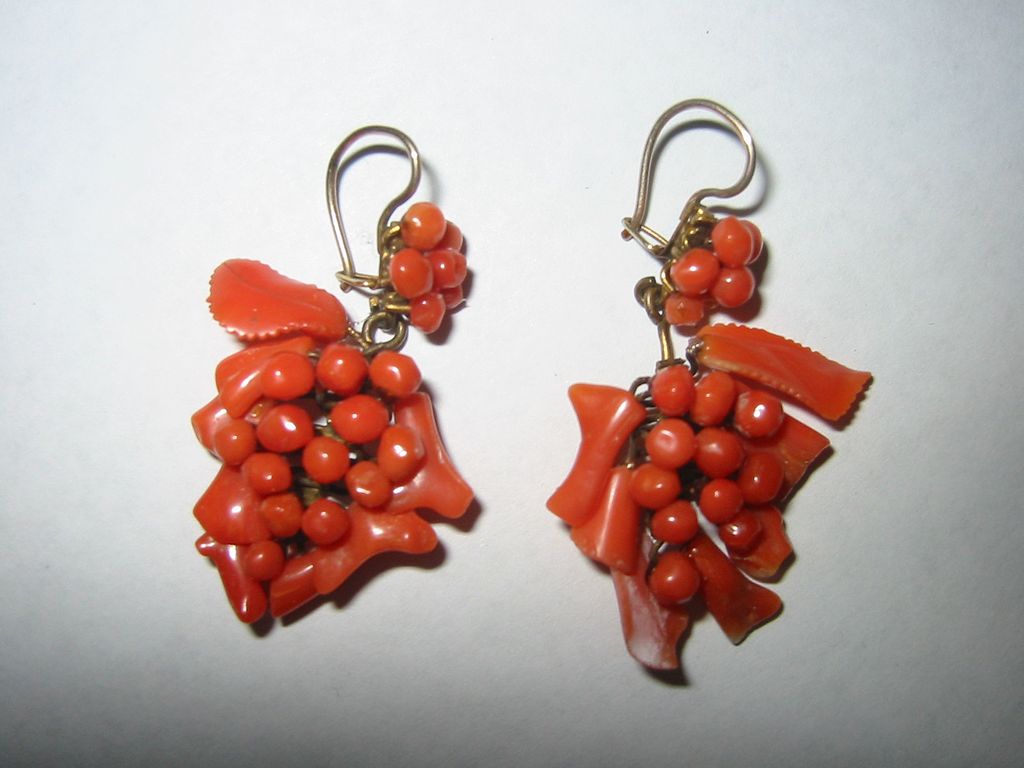 Antique Hand Carved Victorian Branch Red Coral and 14 kt gold Chandelier Earrings Antique Hand Carved Victorian Branch Red Coral and 14 kt gold Chandelier Earrings