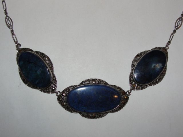 Art Deco Sterling Silver Marcasite and Lapis Lazuli Pendant Necklace Art Deco Sterling Silver Marcasite and Lapis Lazuli Pendant Necklace