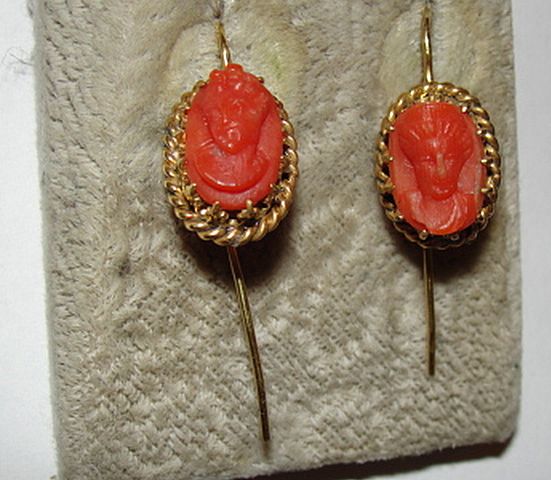 Sterling Silver and 14 kt Gold Vermeil Victorian Red Coral Cameo Drop Earrings Sterling Silver and 14 kt Gold Vermeil Victorian Red Coral Cameo Drop Earrings
