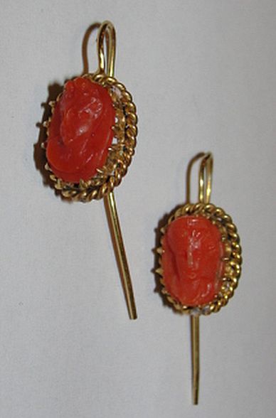 Sterling Silver and 14 kt Gold Vermeil Victorian Red Coral Cameo Drop Earrings Sterling Silver and 14 kt Gold Vermeil Victorian Red Coral Cameo Drop Earrings
