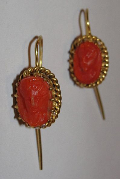 Sterling Silver and 14 kt Gold Vermeil Victorian Red Coral Cameo Drop Earrings Sterling Silver and 14 kt Gold Vermeil Victorian Red Coral Cameo Drop Earrings