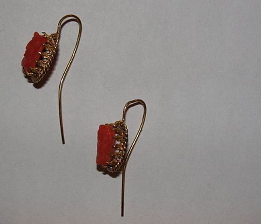 Sterling Silver and 14 kt Gold Vermeil Victorian Red Coral Cameo Drop Earrings Sterling Silver and 14 kt Gold Vermeil Victorian Red Coral Cameo Drop Earrings