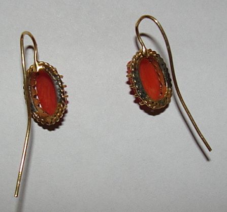 Sterling Silver and 14 kt Gold Vermeil Victorian Red Coral Cameo Drop Earrings Sterling Silver and 14 kt Gold Vermeil Victorian Red Coral Cameo Drop Earrings