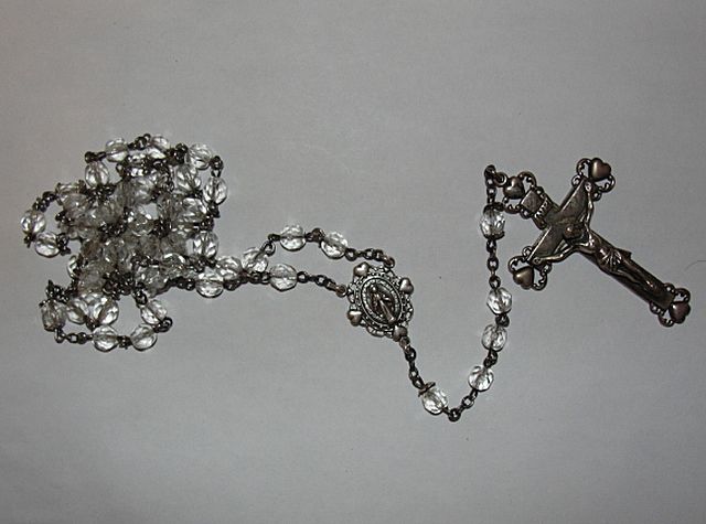 Sterling Silver and Faceted Crystal Rosary Necklace with Virgin Mary and Crucifix Sterling Silver and Faceted Crystal Rosary Necklace with Virgin Mary and Crucifix