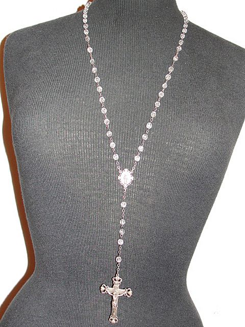 Sterling Silver and Faceted Crystal Rosary Necklace with Virgin Mary and Crucifix Sterling Silver and Faceted Crystal Rosary Necklace with Virgin Mary and Crucifix