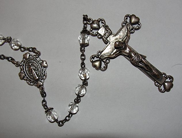 Sterling Silver and Faceted Crystal Rosary Necklace with Virgin Mary and Crucifix Sterling Silver and Faceted Crystal Rosary Necklace with Virgin Mary and Crucifix