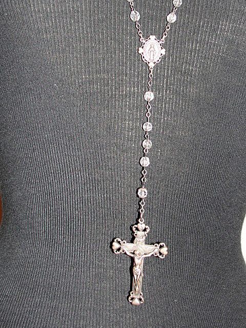 Sterling Silver and Faceted Crystal Rosary Necklace with Virgin Mary and Crucifix Sterling Silver and Faceted Crystal Rosary Necklace with Virgin Mary and Crucifix