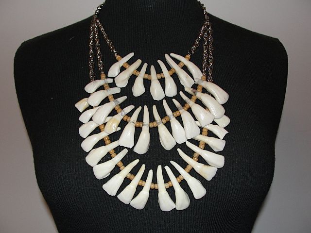 Santeria Necklace of Buffalo Teeth, Wood, and Silvertone Chain Reduced Santeria Necklace of Buffalo Teeth, Wood, and Silvertone Chain Reduced