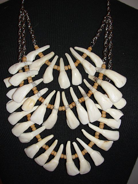 Santeria Necklace of Buffalo Teeth, Wood, and Silvertone Chain Reduced Santeria Necklace of Buffalo Teeth, Wood, and Silvertone Chain Reduced