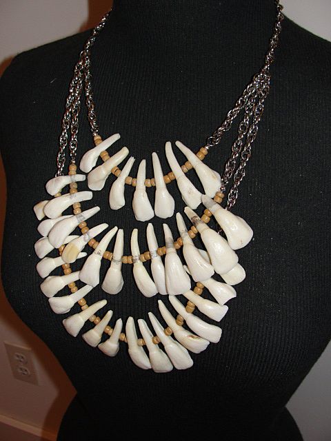 Santeria Necklace of Buffalo Teeth, Wood, and Silvertone Chain Reduced Santeria Necklace of Buffalo Teeth, Wood, and Silvertone Chain Reduced