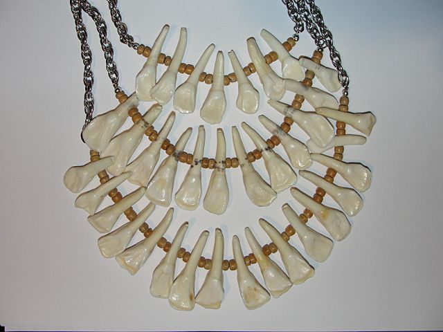 Santeria Necklace of Buffalo Teeth, Wood, and Silvertone Chain Reduced Santeria Necklace of Buffalo Teeth, Wood, and Silvertone Chain Reduced