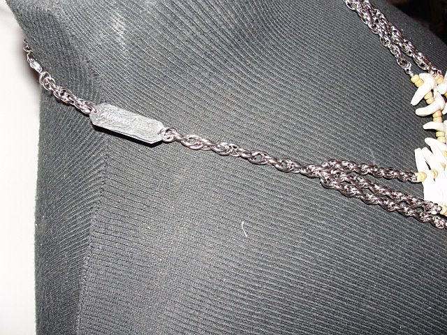 Santeria Necklace of Buffalo Teeth, Wood, and Silvertone Chain Reduced Santeria Necklace of Buffalo Teeth, Wood, and Silvertone Chain Reduced