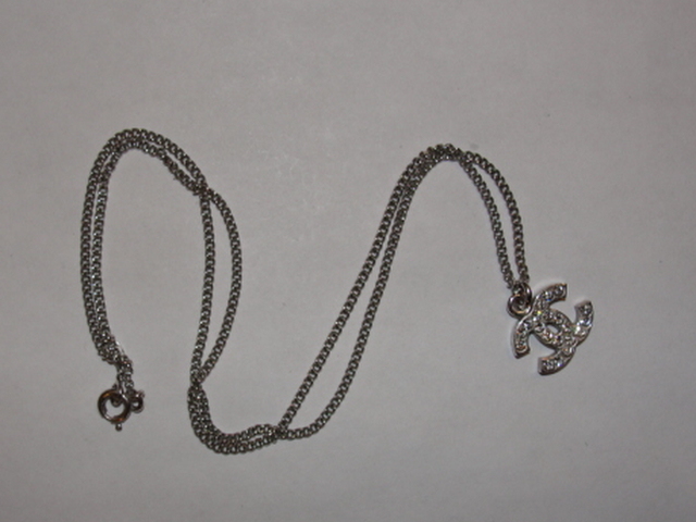 Chanel Silver Plated Rhinestone CC Monogram Pendant Necklace Chanel Silver Plated Rhinestone CC Monogram Pendant Necklace