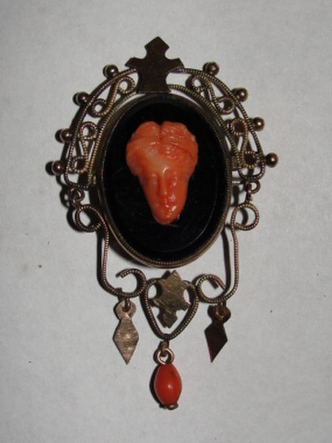 14 kt Rolled Gold and Brass Victorian Carved Sardinian Red Coral Cameo Brooch Bacchante 14 kt Rolled Gold and Brass Victorian Carved Sardinian Red Coral Cameo Brooch Bacchante