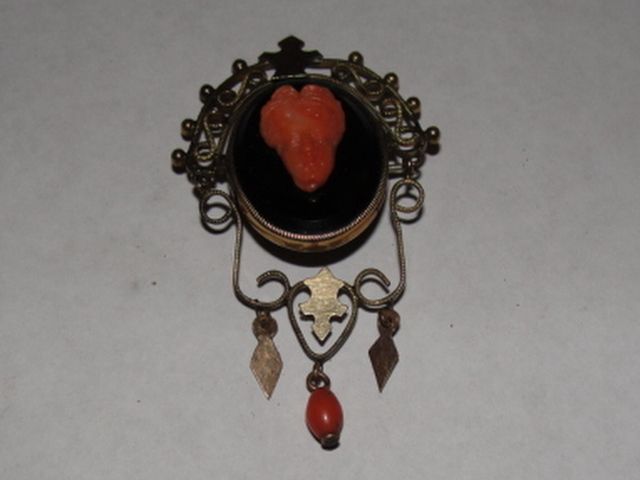 14 kt Rolled Gold and Brass Victorian Carved Sardinian Red Coral Cameo Brooch Bacchante 14 kt Rolled Gold and Brass Victorian Carved Sardinian Red Coral Cameo Brooch Bacchante