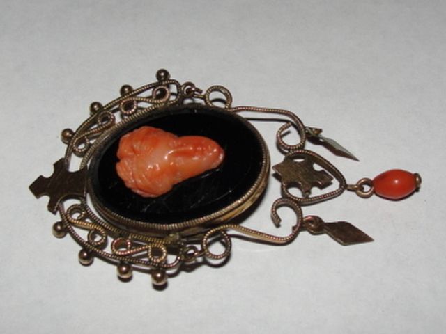 14 kt Rolled Gold and Brass Victorian Carved Sardinian Red Coral Cameo Brooch Bacchante 14 kt Rolled Gold and Brass Victorian Carved Sardinian Red Coral Cameo Brooch Bacchante