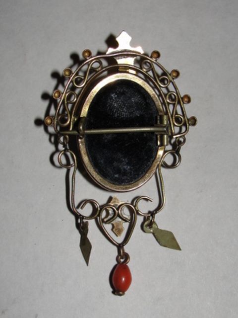 14 kt Rolled Gold and Brass Victorian Carved Sardinian Red Coral Cameo Brooch Bacchante 14 kt Rolled Gold and Brass Victorian Carved Sardinian Red Coral Cameo Brooch Bacchante