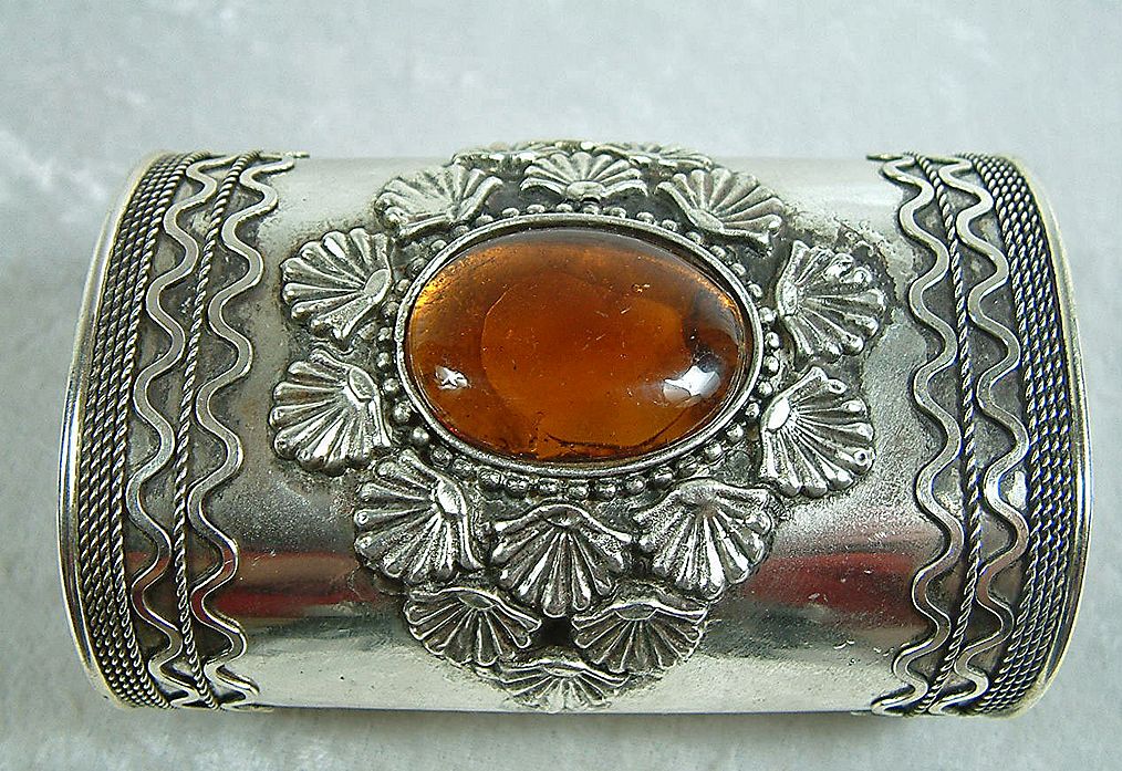 Wide Indian Cuff Bracelet with Faux Amber Cabochon Wide Indian Cuff Bracelet with Faux Amber Cabochon