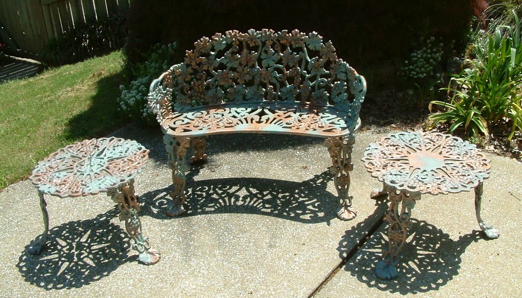 Vintage Cast Iron Grape Design Garden Settee and Two Tables Vintage Cast Iron Grape Design Garden Settee and Two Tables