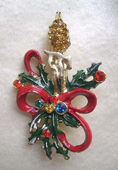 Candlestick Pin with Holly and Colored Rhinestones Candlestick Pin with Holly and Colored Rhinestones