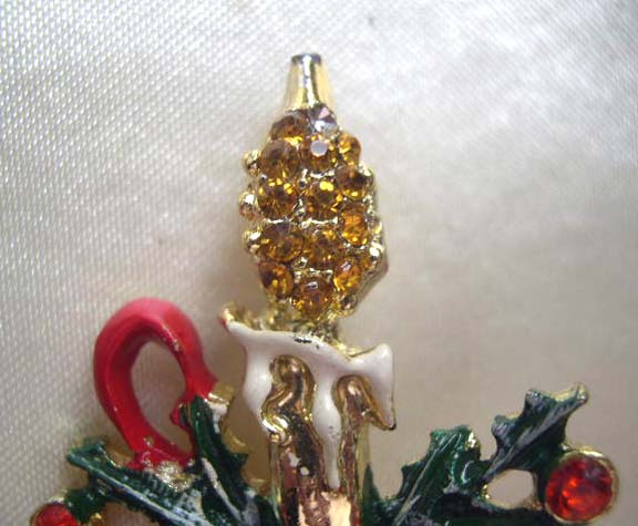 Candlestick Pin with Holly and Colored Rhinestones Candlestick Pin with Holly and Colored Rhinestones
