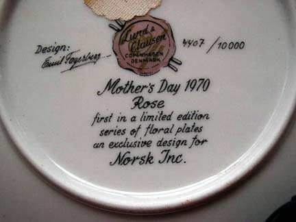 Lund & Clausen MOTHER'S DAY Rose Collector's Plate - 1970 Lund & Clausen MOTHER'S DAY Rose Collector's Plate - 1970