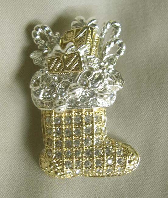 ROMAN Two-tone Holiday Stocking Pin with Clear Rhinestones ROMAN Two-tone Holiday Stocking Pin with Clear Rhinestones