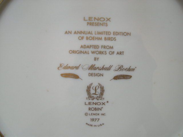 Vintage LENOX Boehm Birds Limited Edition Plate - Robin Vintage LENOX Boehm Birds Limited Edition Plate - Robin