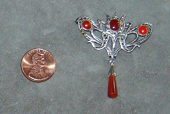 Sterling Silver and Marcasite Pin with Carnelian Stones Sterling Silver and Marcasite Pin with Carnelian Stones