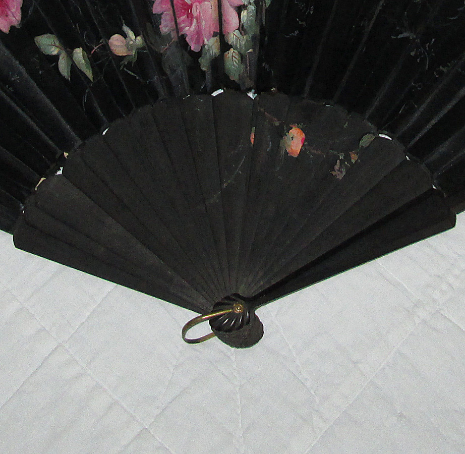 Victorian Black Satin Fan with Hand-Painted Roses Victorian Black Satin Fan with Hand-Painted Roses