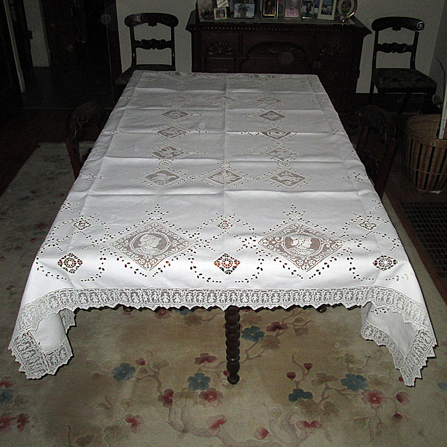White Madeira Linen Tablecloth with Filet Lace Inserts White Madeira Linen Tablecloth with Filet Lace Inserts