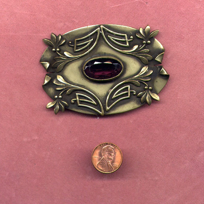 Large Edwardian Brass Sash Pin with Purple Stone Large Edwardian Brass Sash Pin with Purple Stone