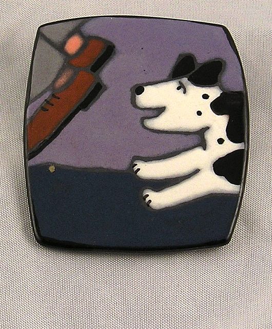 Handcrafted porcelain black white dog brooch Handcrafted porcelain black white dog brooch