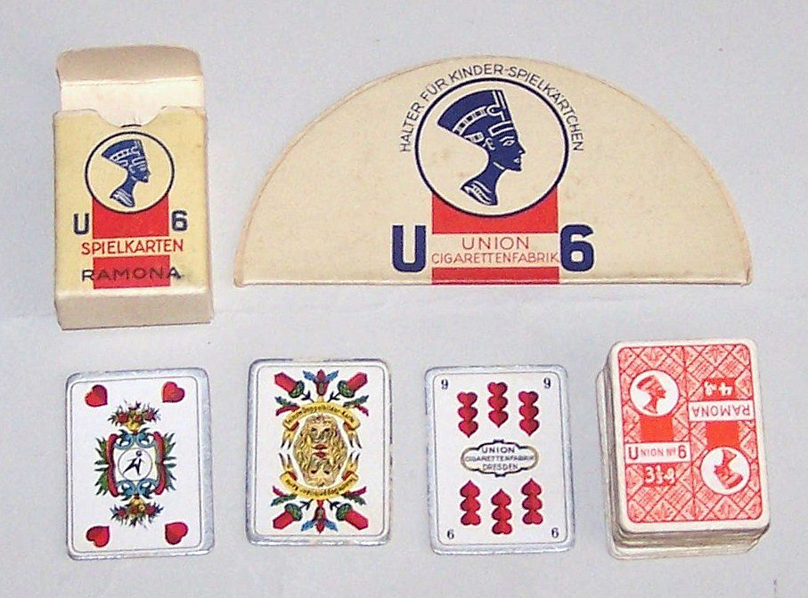 German Miniature "Sächsisches Doppelbild" ("Saxon Pattern") Skat Playing Cards, Maker Unknown, Union Cigarettes Adv., w/ Card Holder, c.1935 German Miniature "Sächsisches Doppelbild" ("Saxon Pattern") Skat Playing Cards, Maker Unknown, Union Cigarettes Adv., w/ Card Holder, c.1935