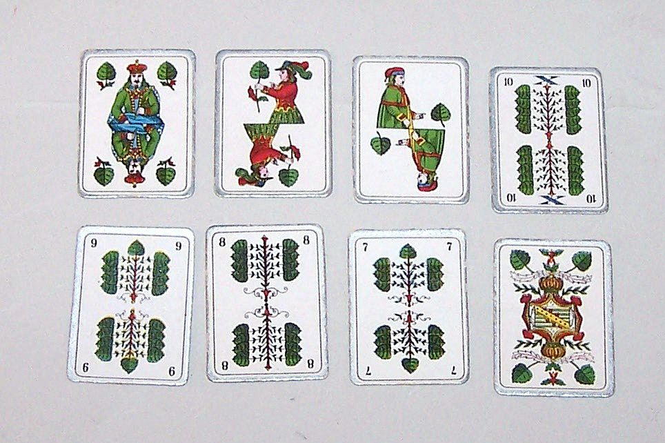 German Miniature "Sächsisches Doppelbild" ("Saxon Pattern") Skat Playing Cards, Maker Unknown, Union Cigarettes Adv., w/ Card Holder, c.1935 German Miniature "Sächsisches Doppelbild" ("Saxon Pattern") Skat Playing Cards, Maker Unknown, Union Cigarettes Adv., w/ Card Holder, c.1935