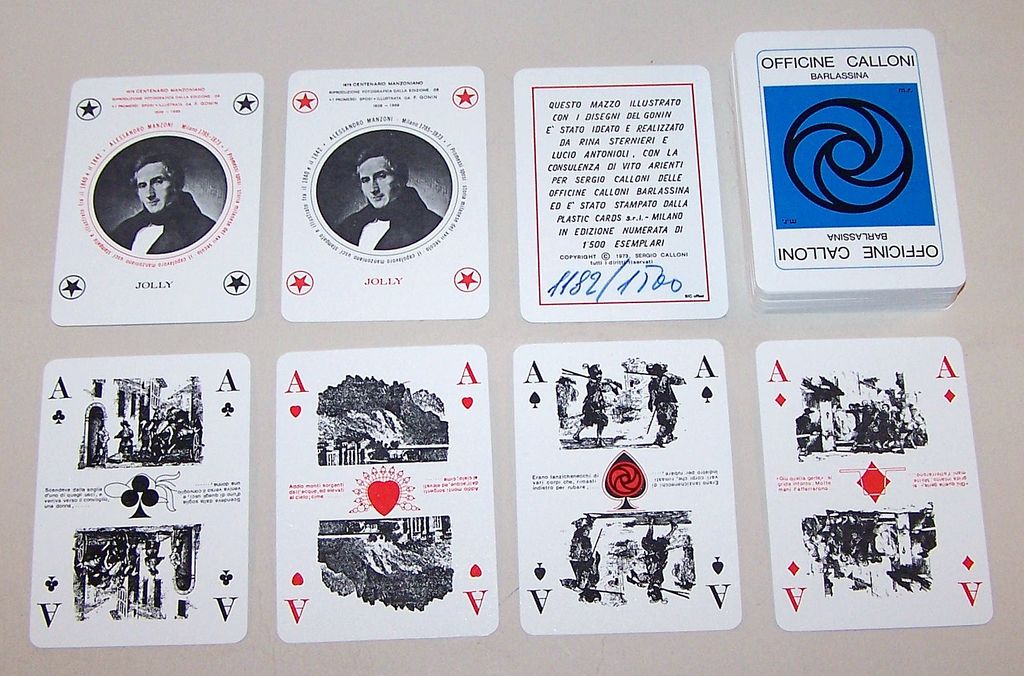 Solleone (Plastic Cards) "Officine Calloni" Playing Cards, Sergio Calloni Publisher, Manzoni Commem., Ltd. Ed. (1182/1500), Sterneri and Antonioli Designs (1840 Gonin Illus. -- "The Betrothed"), c.1973 Solleone (Plastic Cards) "Officine Calloni" Playing Cards, Sergio Calloni Publisher, Manzoni Commem., Ltd. Ed. (1182/1500), Sterneri and Antonioli Designs (1840 Gonin Illus. -- "The Betrothed"), c.1973